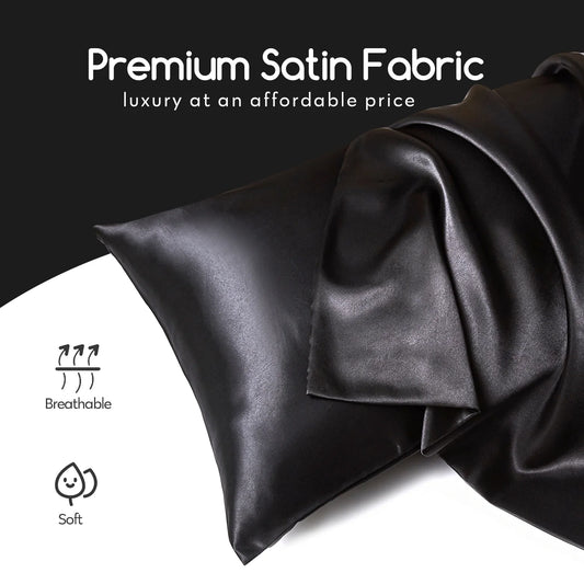 Satin Pillow Case, 2 Pack Satin Queen Silk Pillowcase for Hair and Skin, 20X30, Black
